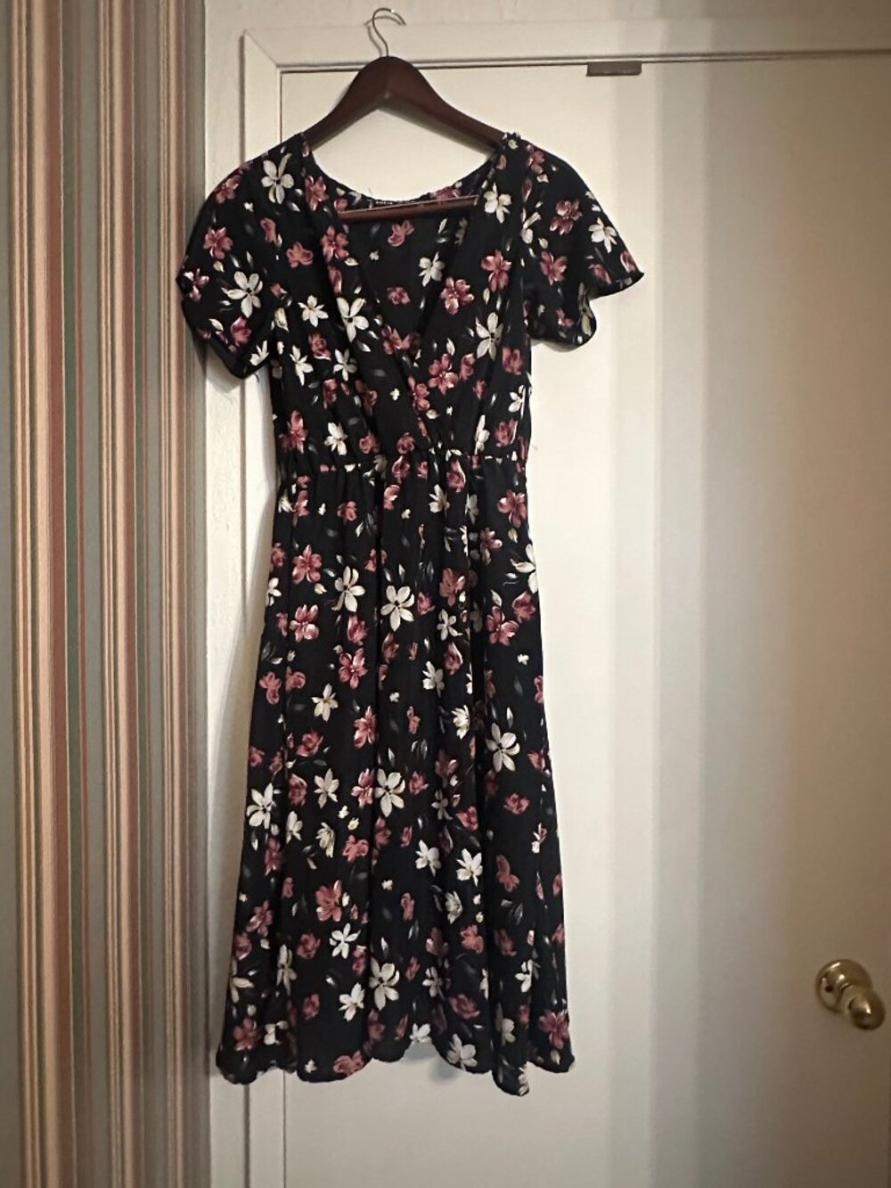Shein black floral mid-length faux wrap dress, size medium